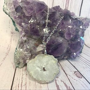 Silver Electroplated White Druzy Geode Pendant Paperclip Chain Necklace